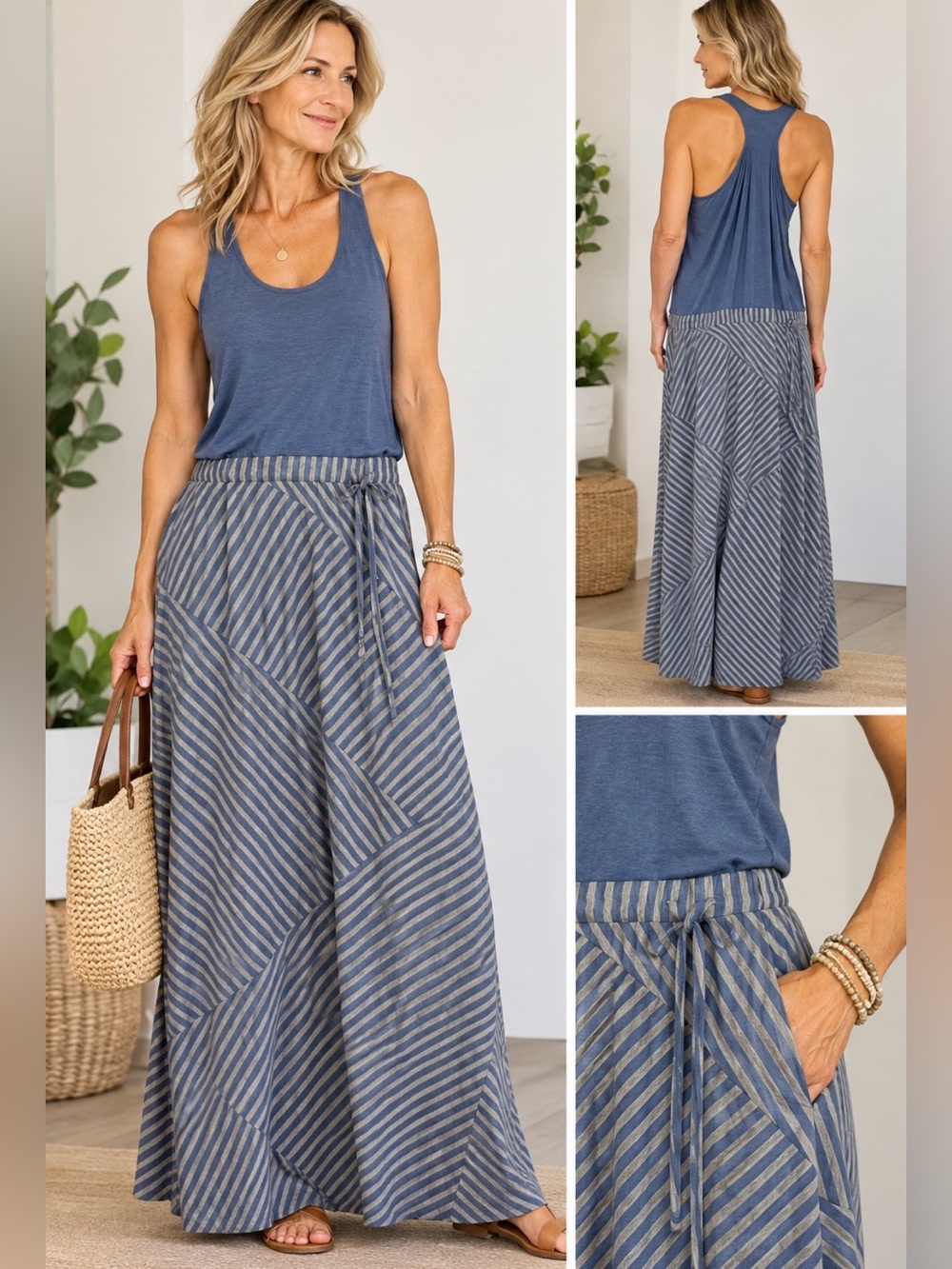 NWT Athleta Blue Striped
Racerback Maxi Dress
95% Viscose Size Large
